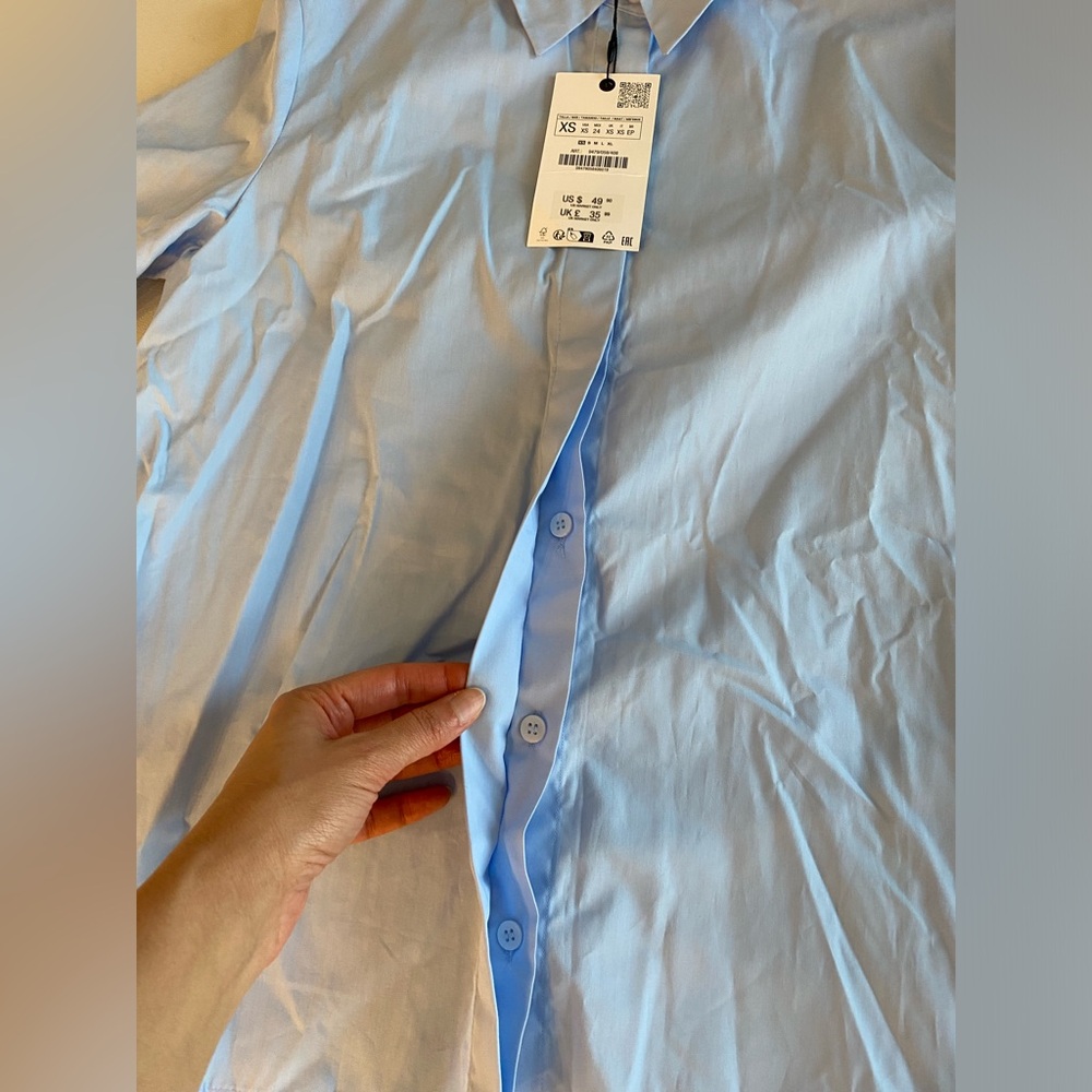 Zara Slim Fit Poplin Cotton Shirt Light Blue below-the-elbow sleeves ZW XS NWT - Picture 13 of 16